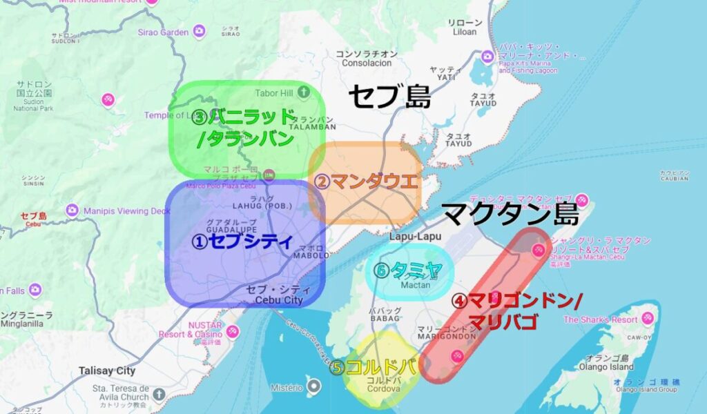 セブ・マクタン島のエリアガイド地図
